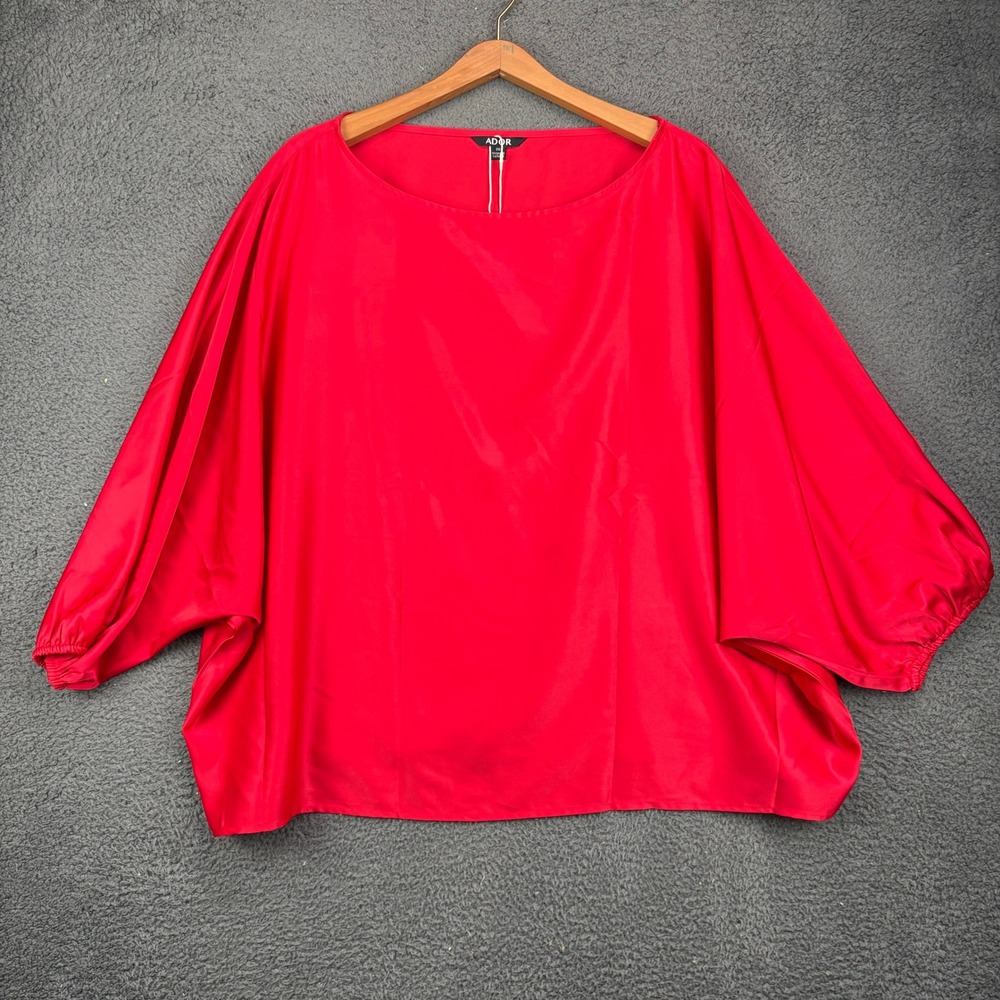 Ador Women 2XL Red Satin Batwing Sleeve Boat Neck Oversized Blouse Top NEW